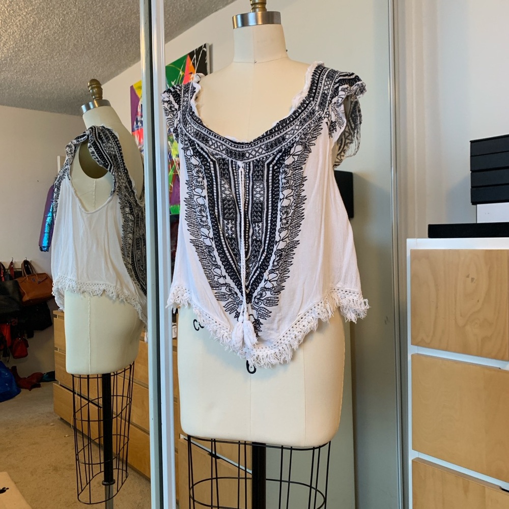 Bohemian White and Black Lace Trim Top